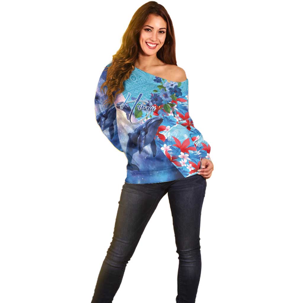 Hawaii Aloha Whales Off Shoulder Sweater Hibiscus and Whales with Polynesian Pattern - Polynesian Pride