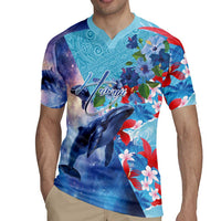 Hawaii Aloha Whales Rugby Jersey Hibiscus and Whales with Polynesian Pattern LT03 - Polynesian Pride