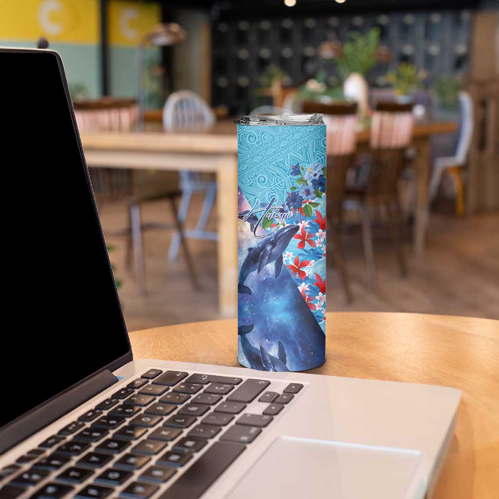 Hawaii Aloha Whales Skinny Tumbler Hibiscus and Whales with Polynesian Pattern - Polynesian Pride