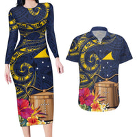 Tokelau Tokehega Day Couples Matching Long Sleeve Bodycon Dress and Hawaiian Shirt Coat of Arms with Polynesian Tattoo and Hibiscus LT03 Blue - Polynesian Pride