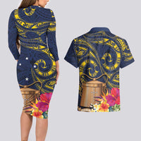 Tokelau Tokehega Day Couples Matching Long Sleeve Bodycon Dress and Hawaiian Shirt Coat of Arms with Polynesian Tattoo and Hibiscus LT03 - Polynesian Pride