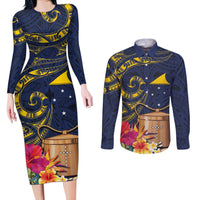 Tokelau Tokehega Day Couples Matching Long Sleeve Bodycon Dress and Long Sleeve Button Shirt Coat of Arms with Polynesian Tattoo and Hibiscus LT03 Blue - Polynesian Pride