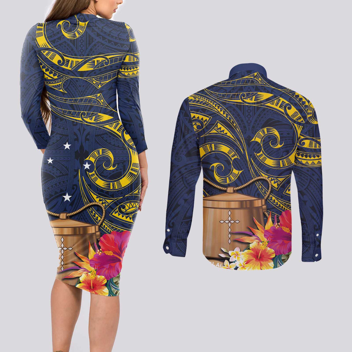 Tokelau Tokehega Day Couples Matching Long Sleeve Bodycon Dress and Long Sleeve Button Shirt Coat of Arms with Polynesian Tattoo and Hibiscus LT03 - Polynesian Pride