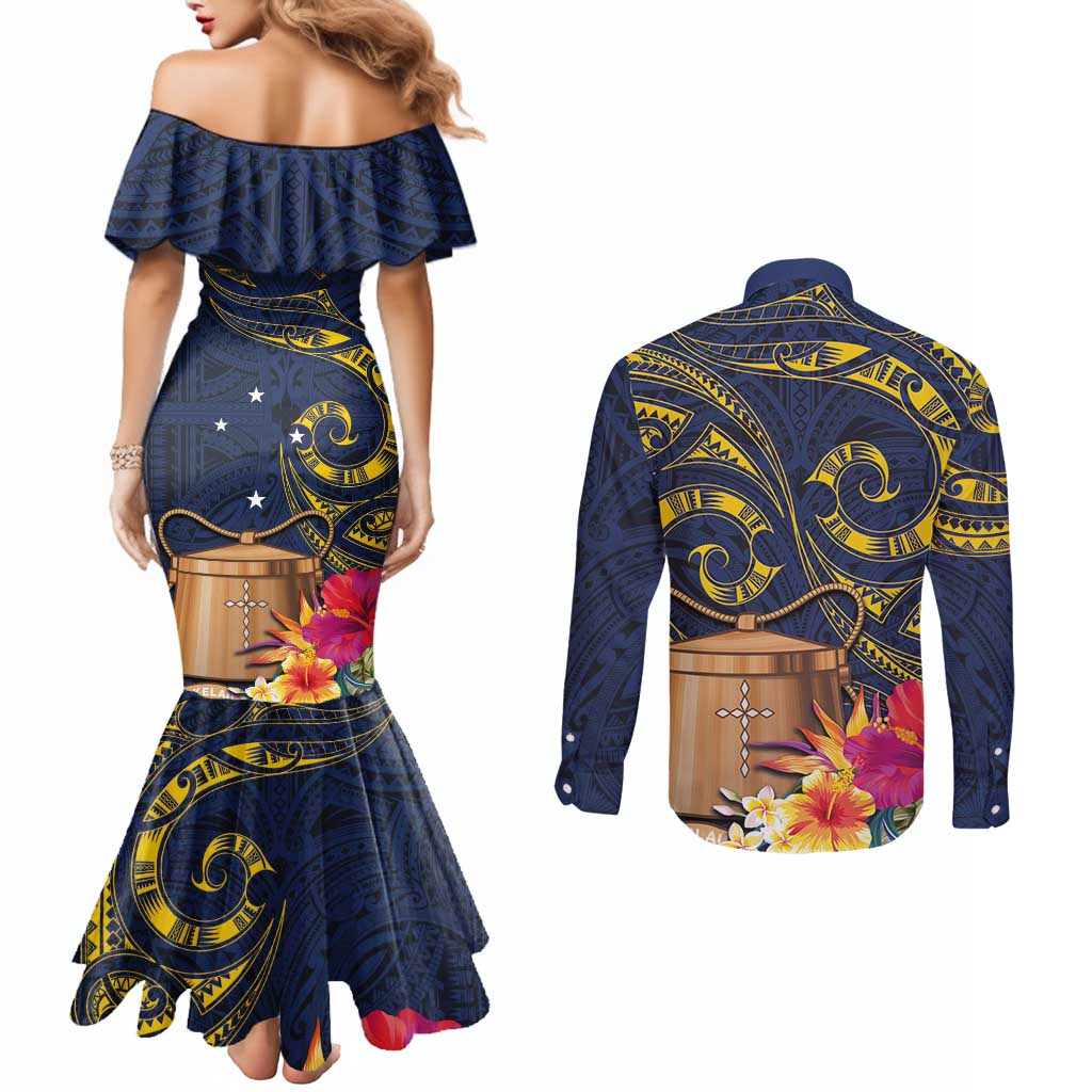 Tokelau Tokehega Day Couples Matching Mermaid Dress and Long Sleeve Button Shirt Coat of Arms with Polynesian Tattoo and Hibiscus LT03 - Polynesian Pride