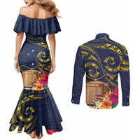 Tokelau Tokehega Day Couples Matching Mermaid Dress and Long Sleeve Button Shirt Coat of Arms with Polynesian Tattoo and Hibiscus LT03 - Polynesian Pride