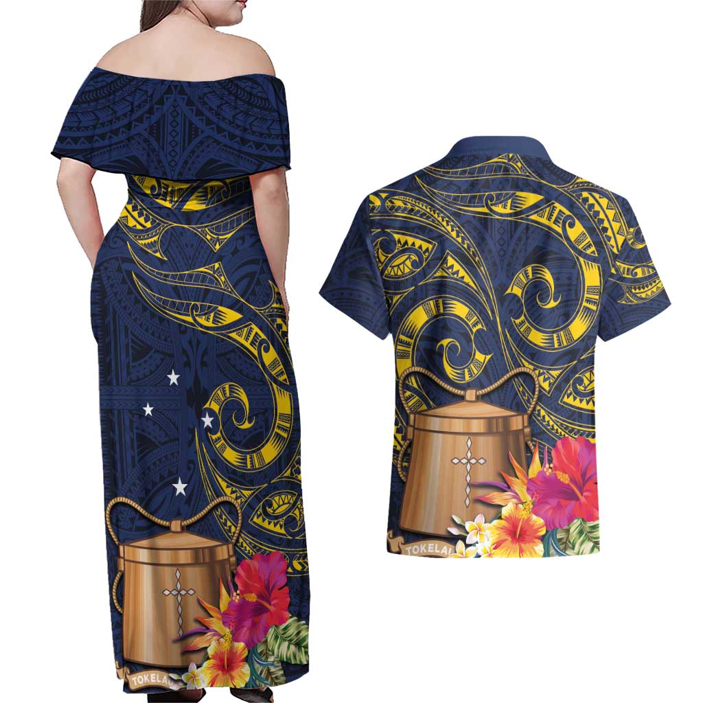 Tokelau Tokehega Day Couples Matching Off Shoulder Maxi Dress and Hawaiian Shirt Coat of Arms with Polynesian Tattoo and Hibiscus LT03 - Polynesian Pride