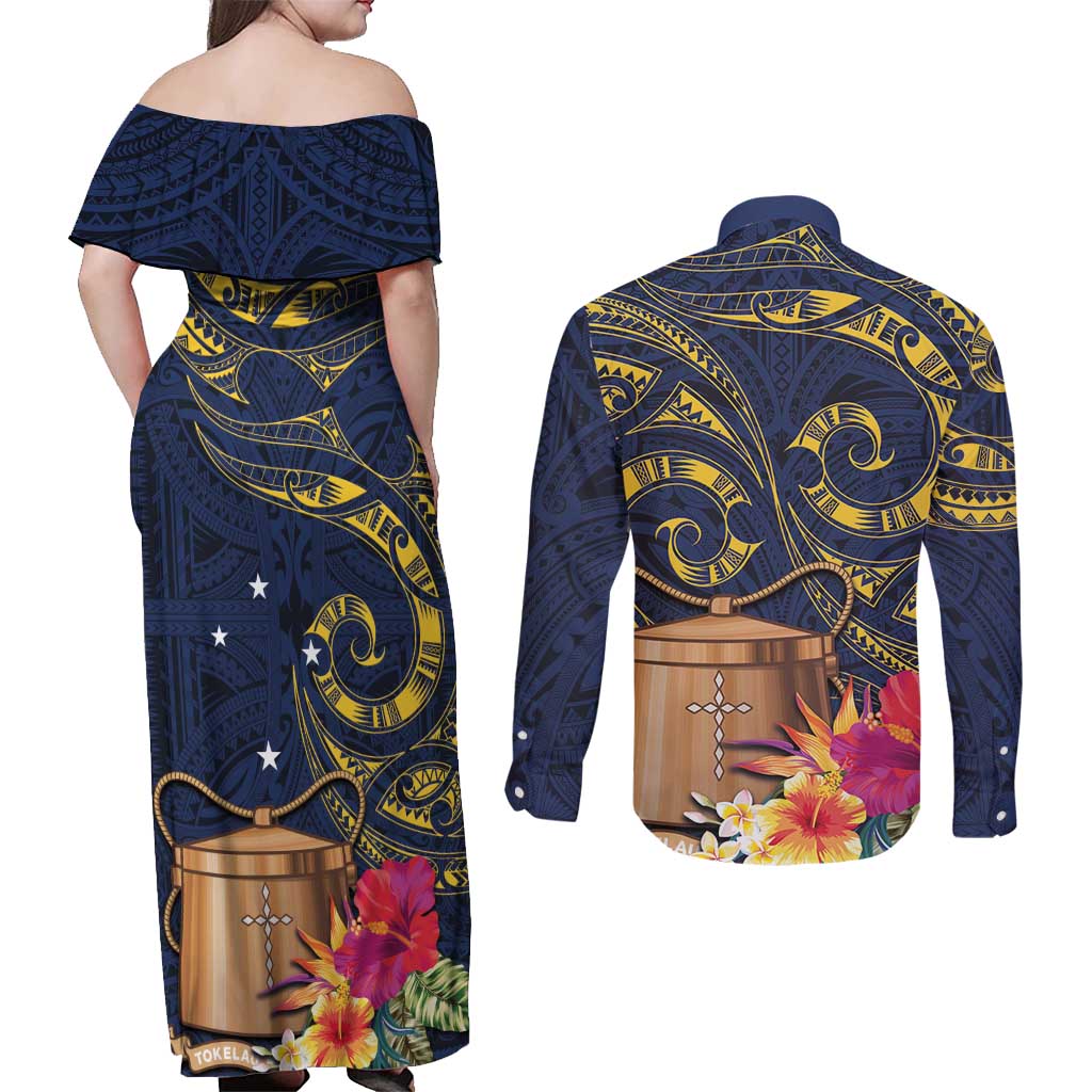 Tokelau Tokehega Day Couples Matching Off Shoulder Maxi Dress and Long Sleeve Button Shirt Coat of Arms with Polynesian Tattoo and Hibiscus LT03 - Polynesian Pride