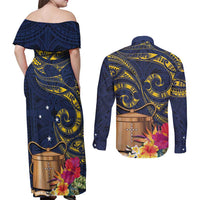 Tokelau Tokehega Day Couples Matching Off Shoulder Maxi Dress and Long Sleeve Button Shirt Coat of Arms with Polynesian Tattoo and Hibiscus LT03 - Polynesian Pride