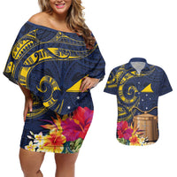 Tokelau Tokehega Day Couples Matching Off Shoulder Short Dress and Hawaiian Shirt Coat of Arms with Polynesian Tattoo and Hibiscus LT03 Blue - Polynesian Pride