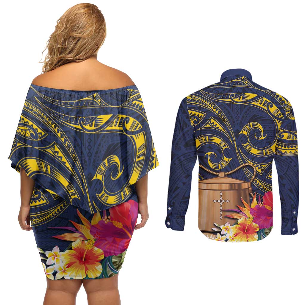 Tokelau Tokehega Day Couples Matching Off Shoulder Short Dress and Long Sleeve Button Shirt Coat of Arms with Polynesian Tattoo and Hibiscus LT03 - Polynesian Pride