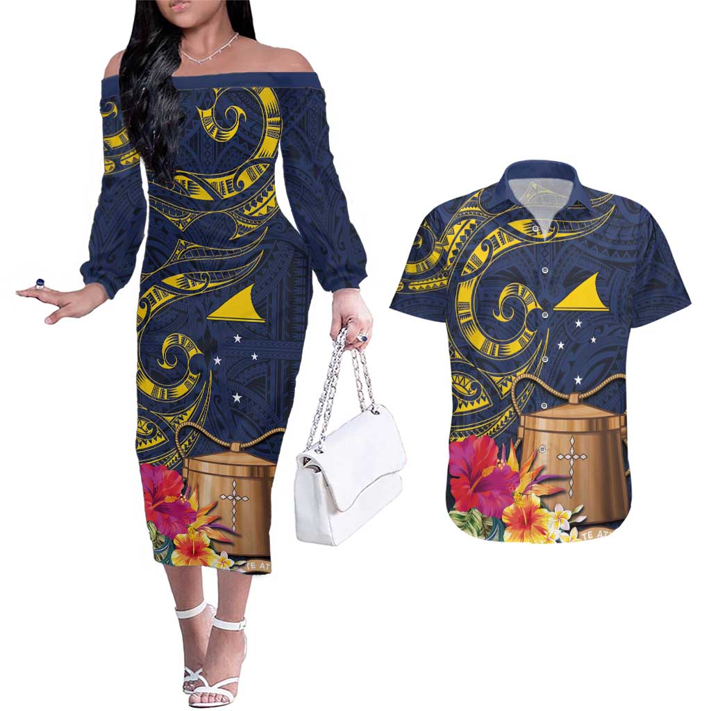 Tokelau Tokehega Day Couples Matching Off The Shoulder Long Sleeve Dress and Hawaiian Shirt Coat of Arms with Polynesian Tattoo and Hibiscus LT03 Blue - Polynesian Pride