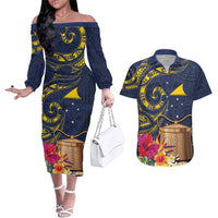Tokelau Tokehega Day Couples Matching Off The Shoulder Long Sleeve Dress and Hawaiian Shirt Coat of Arms with Polynesian Tattoo and Hibiscus LT03 Blue - Polynesian Pride