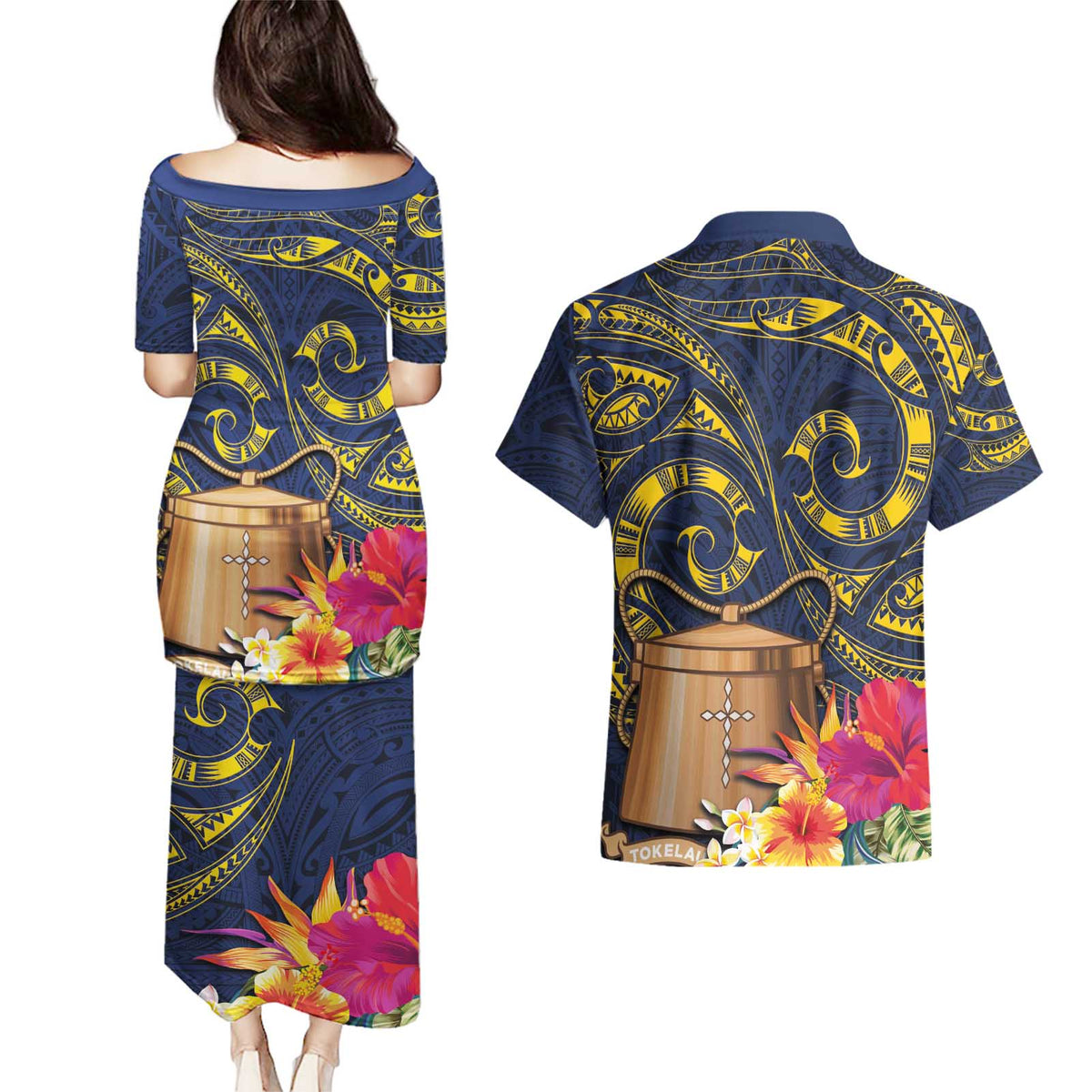 Tokelau Tokehega Day Couples Matching Puletasi and Hawaiian Shirt Coat of Arms with Polynesian Tattoo and Hibiscus LT03 - Polynesian Pride