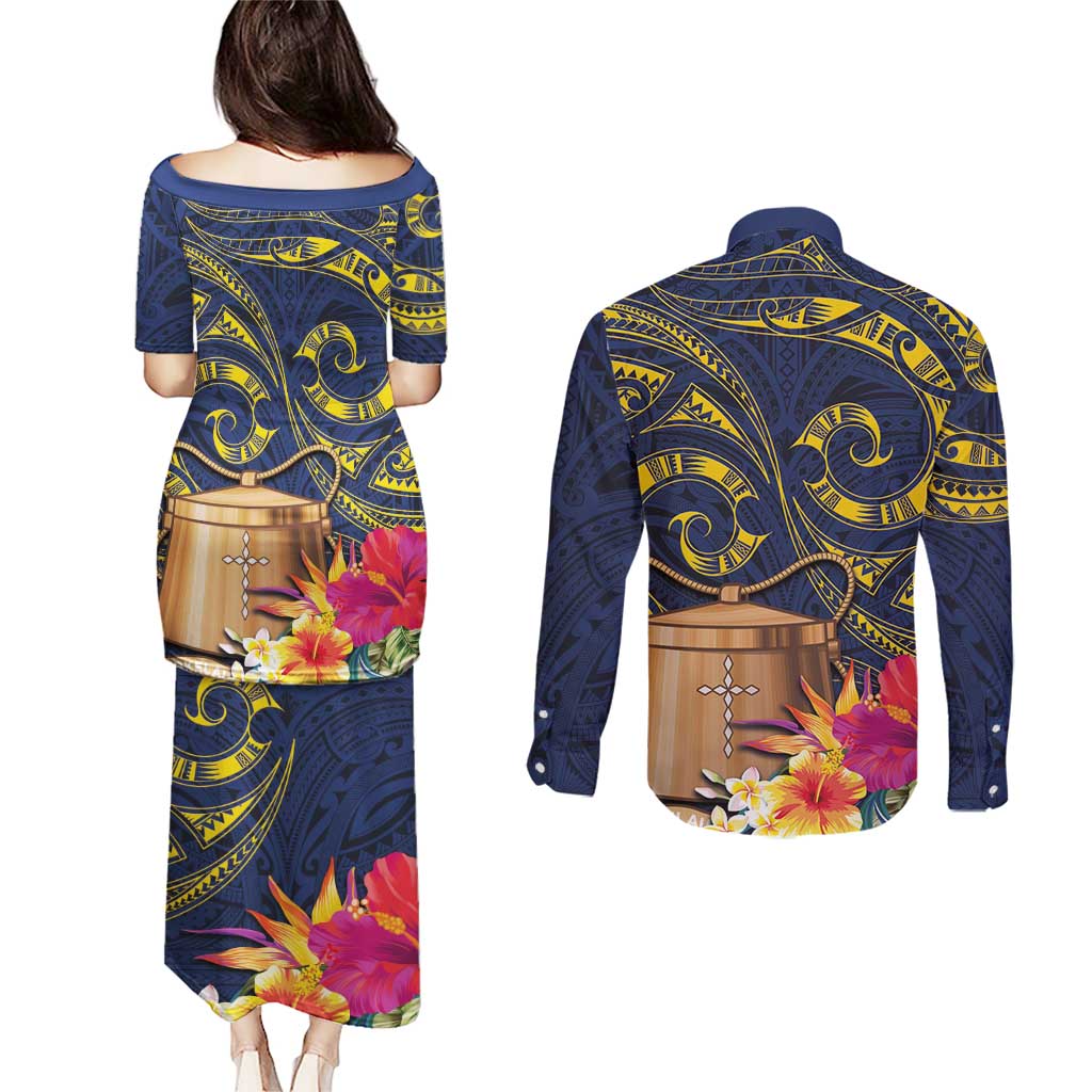Tokelau Tokehega Day Couples Matching Puletasi and Long Sleeve Button Shirt Coat of Arms with Polynesian Tattoo and Hibiscus LT03 - Polynesian Pride