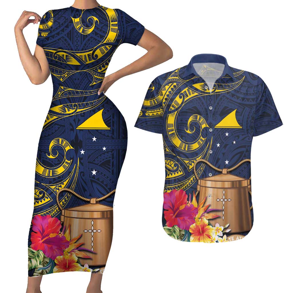 Tokelau Tokehega Day Couples Matching Short Sleeve Bodycon Dress and Hawaiian Shirt Coat of Arms with Polynesian Tattoo and Hibiscus LT03 Blue - Polynesian Pride