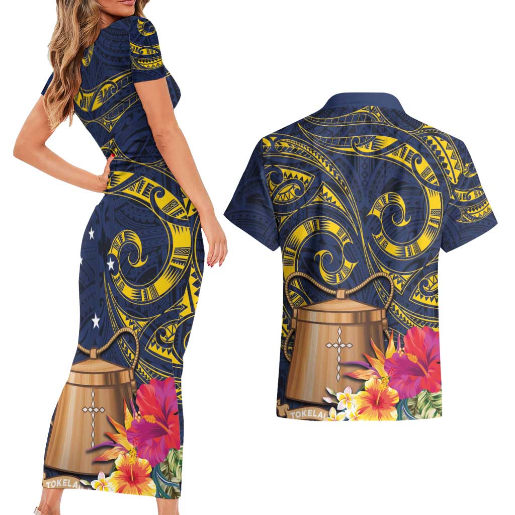 Tokelau Tokehega Day Couples Matching Short Sleeve Bodycon Dress and Hawaiian Shirt Coat of Arms with Polynesian Tattoo and Hibiscus LT03 - Polynesian Pride
