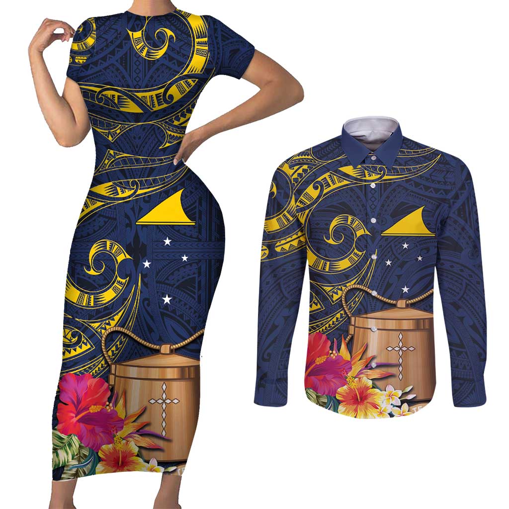 Tokelau Tokehega Day Couples Matching Short Sleeve Bodycon Dress and Long Sleeve Button Shirt Coat of Arms with Polynesian Tattoo and Hibiscus LT03 Blue - Polynesian Pride