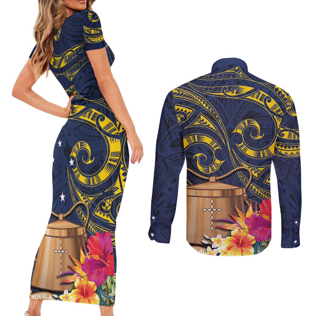 Tokelau Tokehega Day Couples Matching Short Sleeve Bodycon Dress and Long Sleeve Button Shirt Coat of Arms with Polynesian Tattoo and Hibiscus LT03 - Polynesian Pride