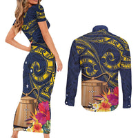 Tokelau Tokehega Day Couples Matching Short Sleeve Bodycon Dress and Long Sleeve Button Shirt Coat of Arms with Polynesian Tattoo and Hibiscus LT03 - Polynesian Pride