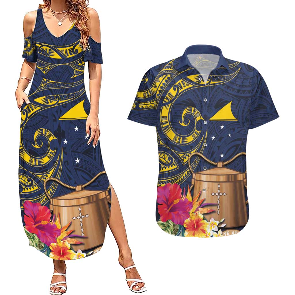 Tokelau Tokehega Day Couples Matching Summer Maxi Dress and Hawaiian Shirt Coat of Arms with Polynesian Tattoo and Hibiscus LT03 Blue - Polynesian Pride