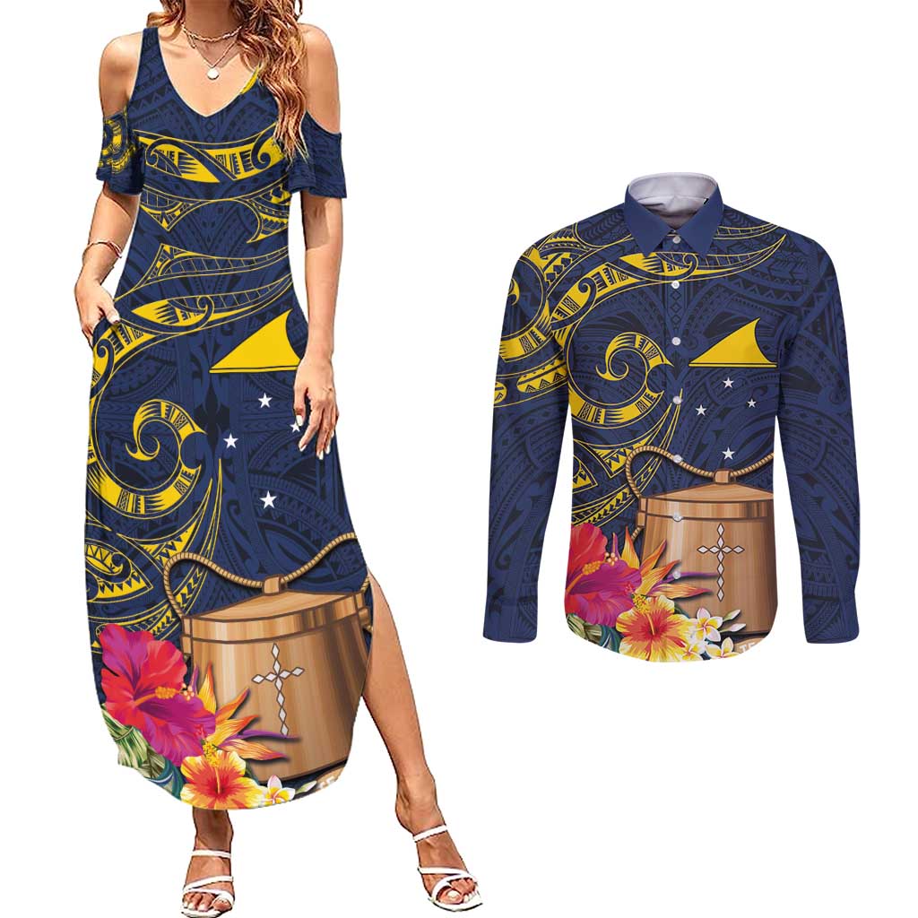 Tokelau Tokehega Day Couples Matching Summer Maxi Dress and Long Sleeve Button Shirt Coat of Arms with Polynesian Tattoo and Hibiscus LT03 Blue - Polynesian Pride