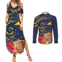 Tokelau Tokehega Day Couples Matching Summer Maxi Dress and Long Sleeve Button Shirt Coat of Arms with Polynesian Tattoo and Hibiscus LT03 Blue - Polynesian Pride