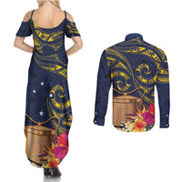 Tokelau Tokehega Day Couples Matching Summer Maxi Dress and Long Sleeve Button Shirt Coat of Arms with Polynesian Tattoo and Hibiscus LT03 - Polynesian Pride