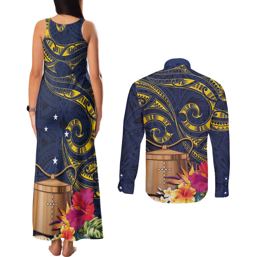 Tokelau Tokehega Day Couples Matching Tank Maxi Dress and Long Sleeve Button Shirt Coat of Arms with Polynesian Tattoo and Hibiscus LT03 - Polynesian Pride