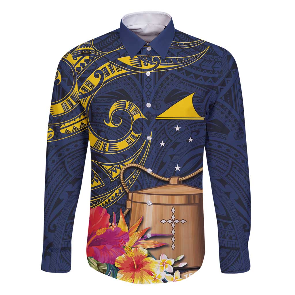 Tokelau Tokehega Day Family Matching Long Sleeve Bodycon Dress and Hawaiian Shirt Coat of Arms with Polynesian Tattoo and Hibiscus LT03 Dad's Shirt - Long Sleeve Blue - Polynesian Pride