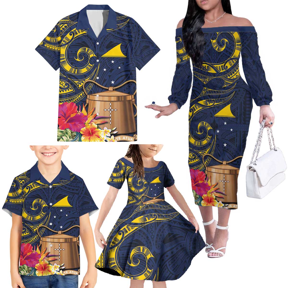 Tokelau Tokehega Day Family Matching Off The Shoulder Long Sleeve Dress and Hawaiian Shirt Coat of Arms with Polynesian Tattoo and Hibiscus LT03 - Polynesian Pride