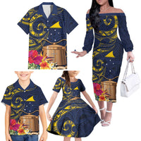 Tokelau Tokehega Day Family Matching Off The Shoulder Long Sleeve Dress and Hawaiian Shirt Coat of Arms with Polynesian Tattoo and Hibiscus LT03 - Polynesian Pride