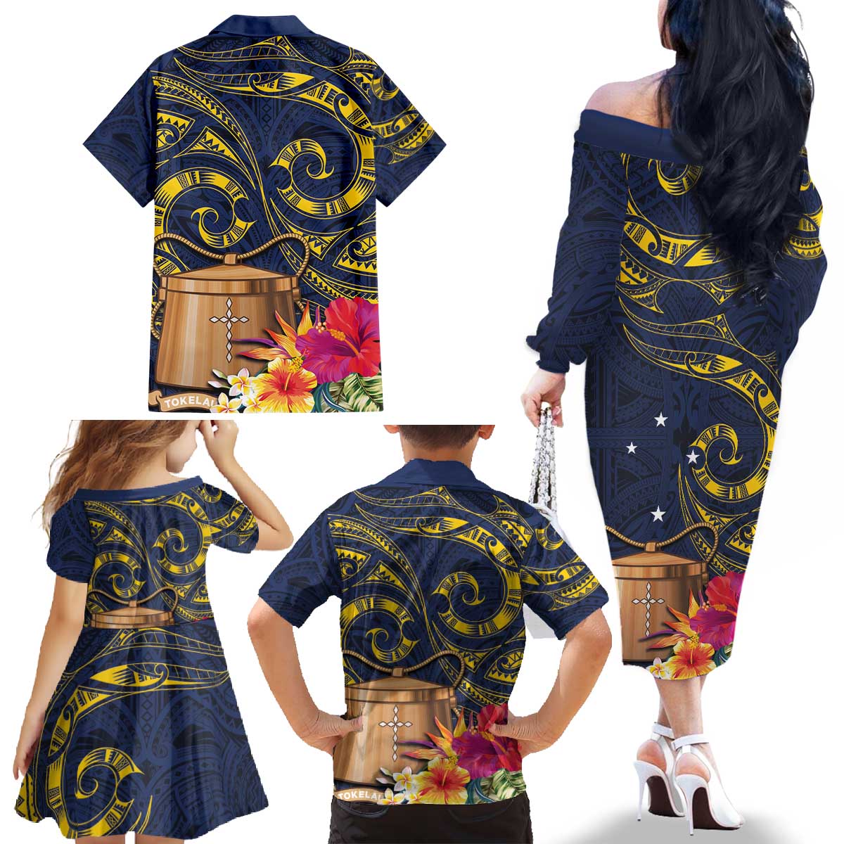 Tokelau Tokehega Day Family Matching Off The Shoulder Long Sleeve Dress and Hawaiian Shirt Coat of Arms with Polynesian Tattoo and Hibiscus LT03 - Polynesian Pride