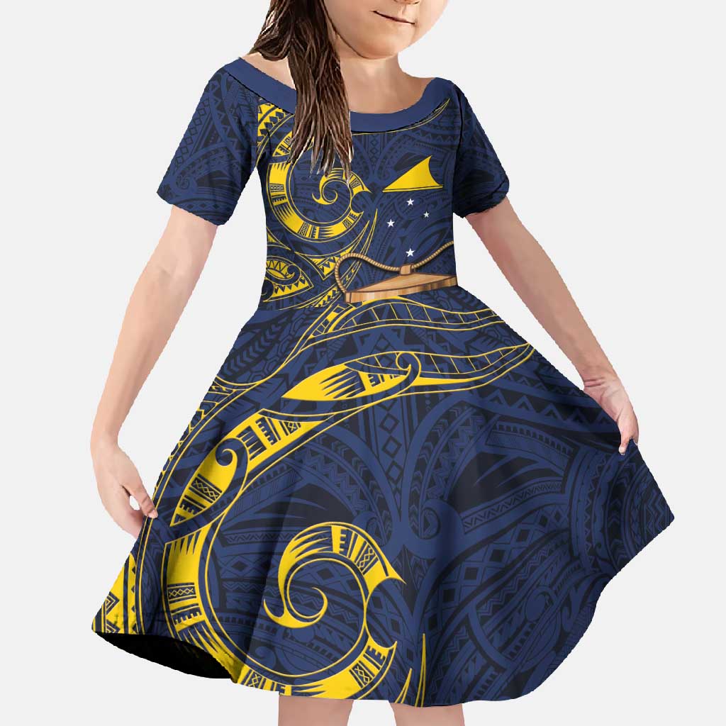Tokelau Tokehega Day Family Matching Off Shoulder Maxi Dress and Hawaiian Shirt Coat of Arms with Polynesian Tattoo and Hibiscus LT03 Daughter's Dress Blue - Polynesian Pride