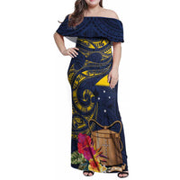 Tokelau Tokehega Day Family Matching Off Shoulder Maxi Dress and Hawaiian Shirt Coat of Arms with Polynesian Tattoo and Hibiscus LT03 Mom's Dress Blue - Polynesian Pride