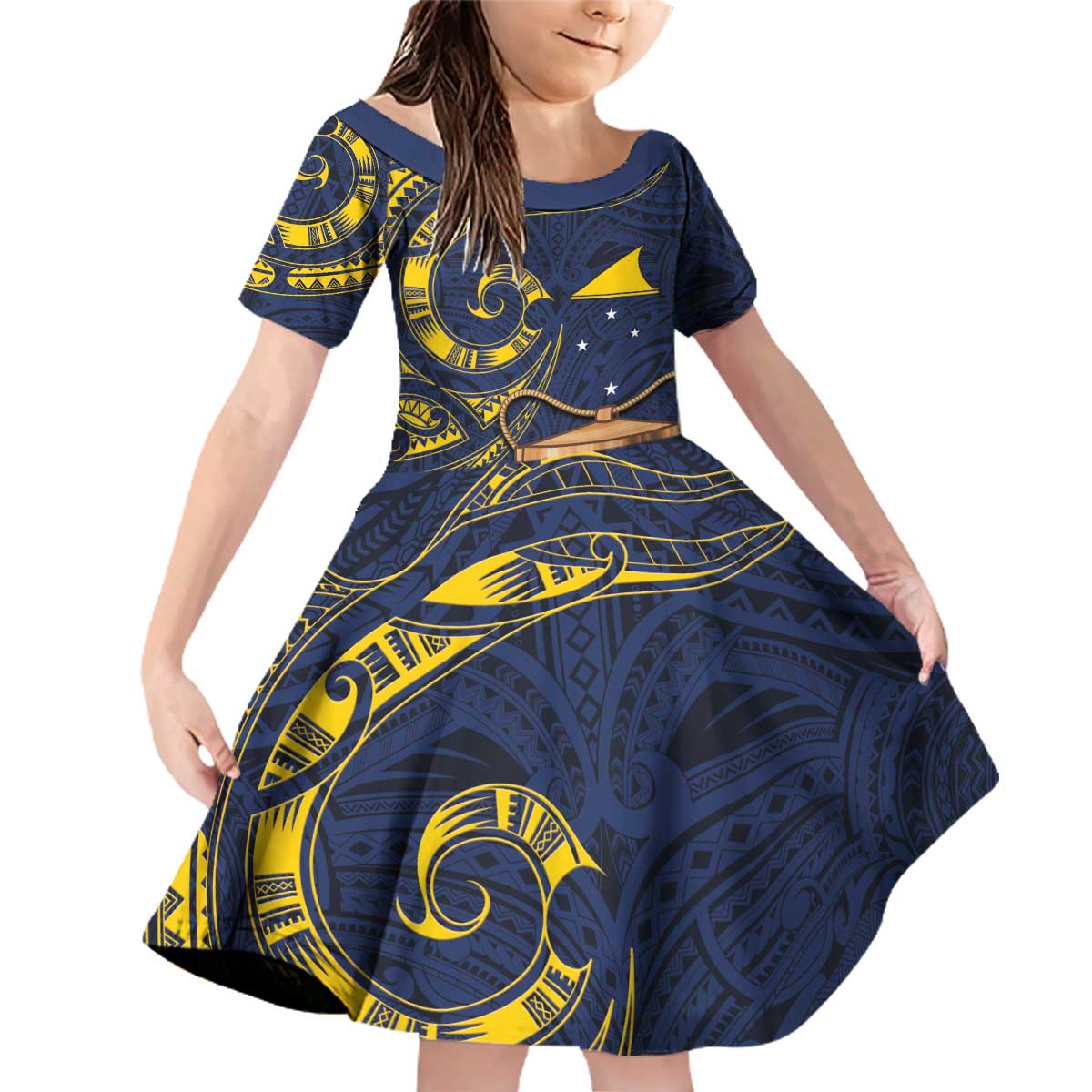Tokelau Tokehega Day Family Matching Off Shoulder Short Dress and Hawaiian Shirt Coat of Arms with Polynesian Tattoo and Hibiscus LT03 Daughter's Dress Blue - Polynesian Pride