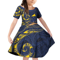 Tokelau Tokehega Day Family Matching Off Shoulder Short Dress and Hawaiian Shirt Coat of Arms with Polynesian Tattoo and Hibiscus LT03 Daughter's Dress Blue - Polynesian Pride