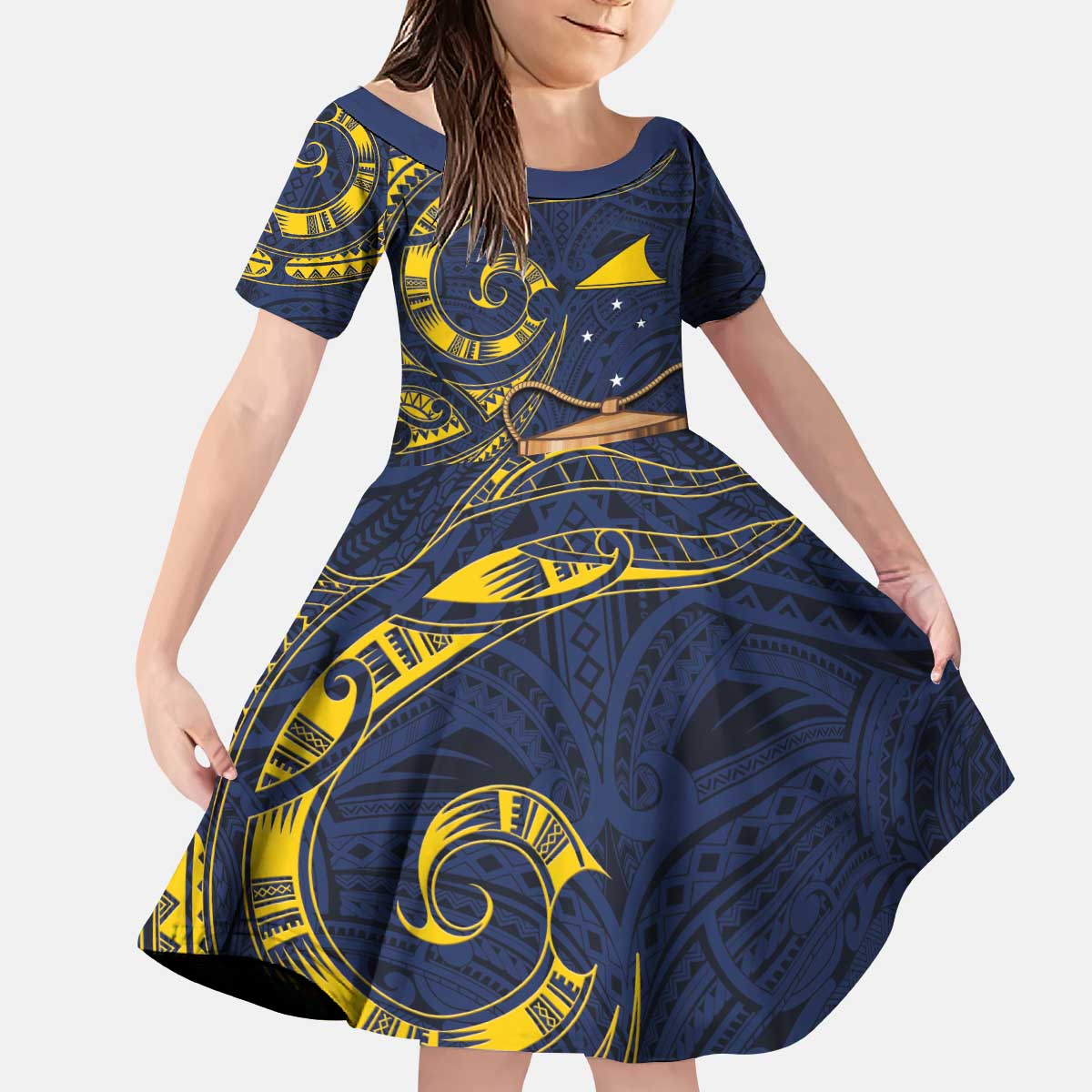 Tokelau Tokehega Day Family Matching Puletasi and Hawaiian Shirt Coat of Arms with Polynesian Tattoo and Hibiscus LT03 Daughter's Dress Blue - Polynesian Pride