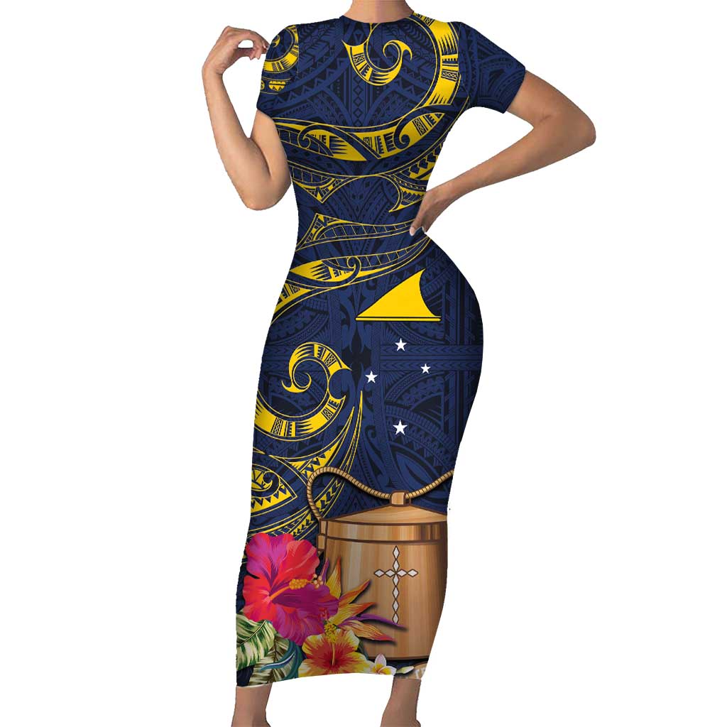 Tokelau Tokehega Day Family Matching Short Sleeve Bodycon Dress and Hawaiian Shirt Coat of Arms with Polynesian Tattoo and Hibiscus LT03 Mom's Dress Blue - Polynesian Pride