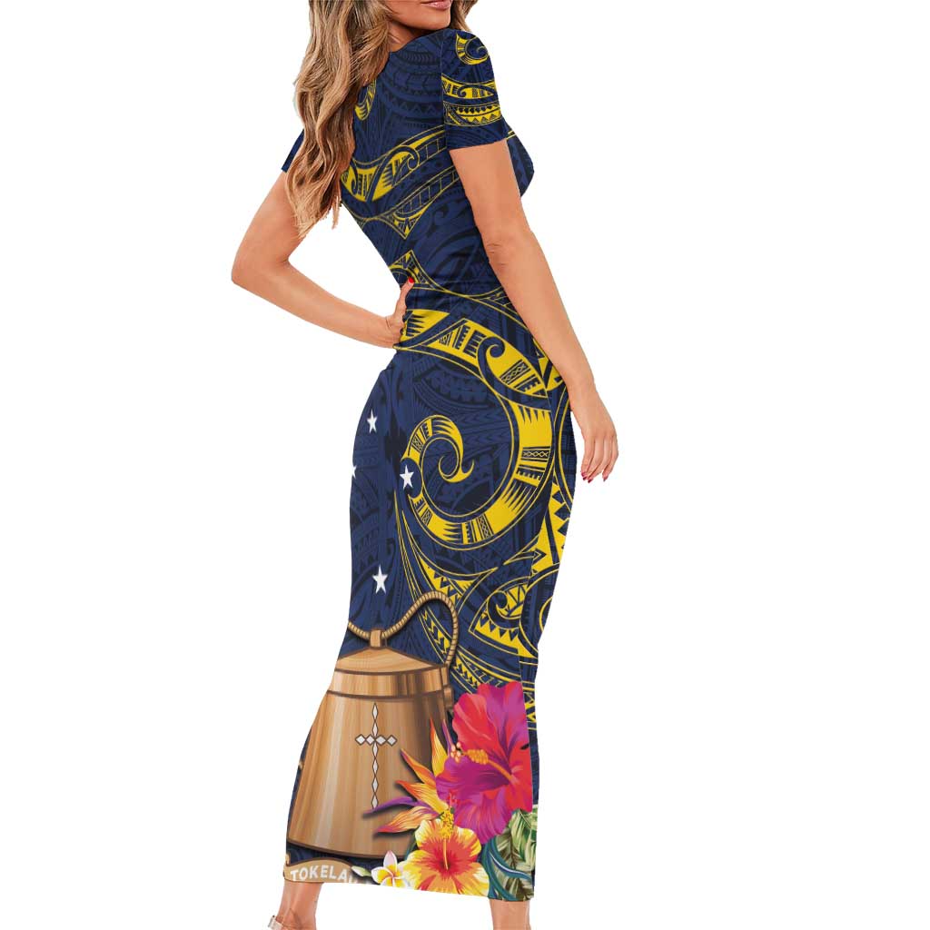 Tokelau Tokehega Day Family Matching Short Sleeve Bodycon Dress and Hawaiian Shirt Coat of Arms with Polynesian Tattoo and Hibiscus LT03 - Polynesian Pride