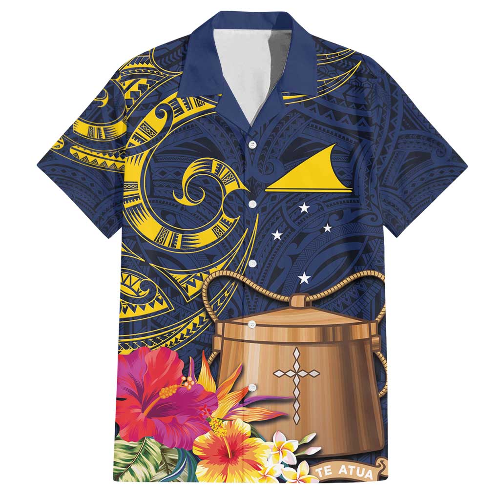 Tokelau Tokehega Day Family Matching Summer Maxi Dress and Hawaiian Shirt Coat of Arms with Polynesian Tattoo and Hibiscus LT03 Dad's Shirt - Short Sleeve Blue - Polynesian Pride
