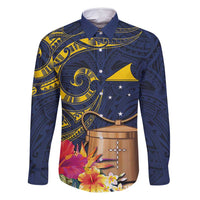 Tokelau Tokehega Day Family Matching Summer Maxi Dress and Hawaiian Shirt Coat of Arms with Polynesian Tattoo and Hibiscus LT03 Dad's Shirt - Long Sleeve Blue - Polynesian Pride