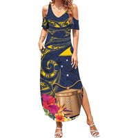 Tokelau Tokehega Day Family Matching Summer Maxi Dress and Hawaiian Shirt Coat of Arms with Polynesian Tattoo and Hibiscus LT03 Mom's Dress Blue - Polynesian Pride