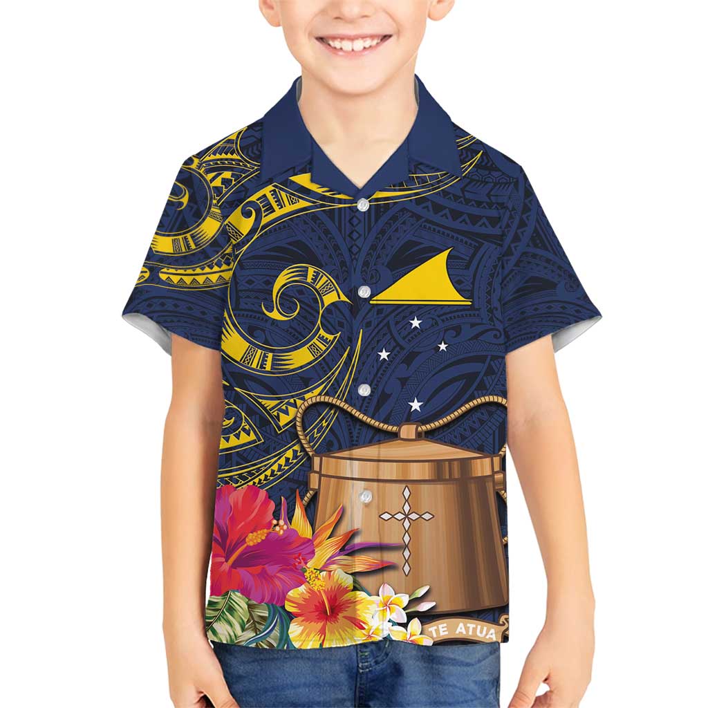 Tokelau Tokehega Day Family Matching Summer Maxi Dress and Hawaiian Shirt Coat of Arms with Polynesian Tattoo and Hibiscus LT03 Son's Shirt Blue - Polynesian Pride