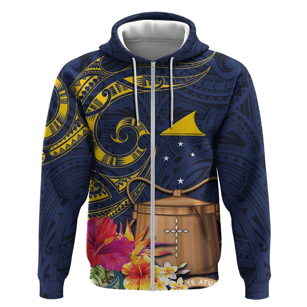Tokelau Tokehega Day Hoodie Coat of Arms with Polynesian Tattoo and Hibiscus LT03 Zip Hoodie Blue - Polynesian Pride