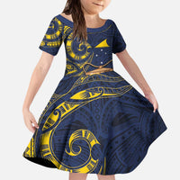 Tokelau Tokehega Day Kid Short Sleeve Dress Coat of Arms with Polynesian Tattoo and Hibiscus LT03 KID Blue - Polynesian Pride