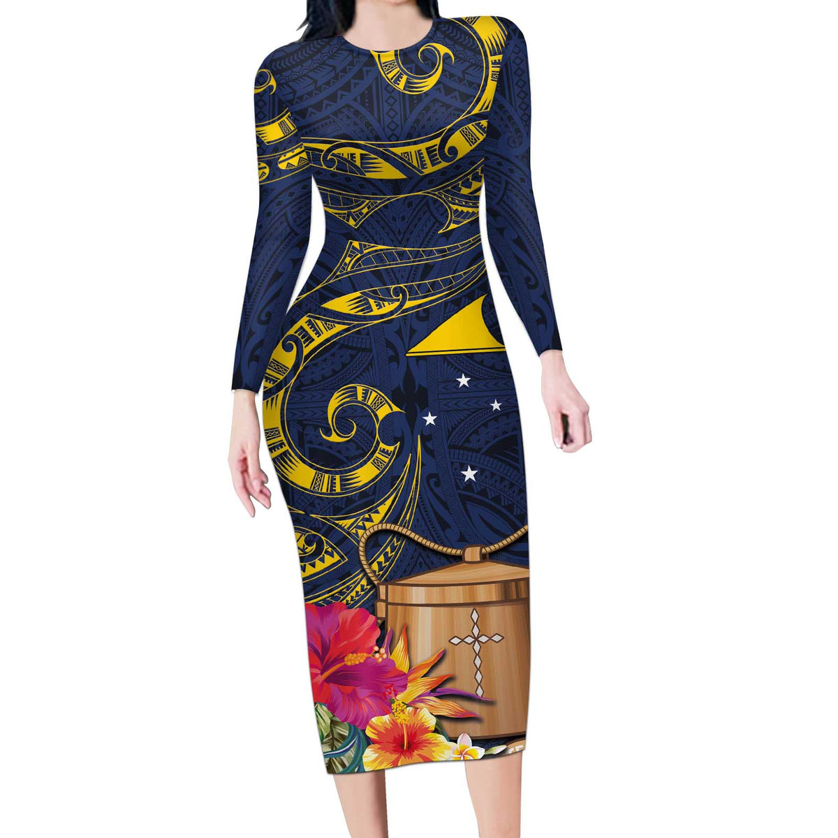 Tokelau Tokehega Day Long Sleeve Bodycon Dress Coat of Arms with Polynesian Tattoo and Hibiscus LT03 Long Dress Blue - Polynesian Pride