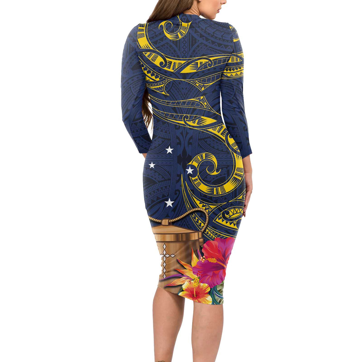 Tokelau Tokehega Day Long Sleeve Bodycon Dress Coat of Arms with Polynesian Tattoo and Hibiscus LT03 - Polynesian Pride