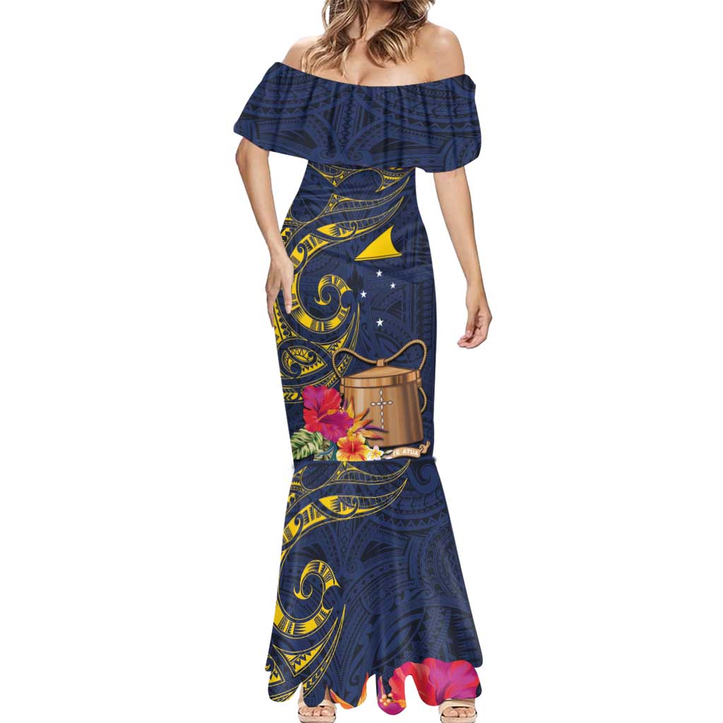 Tokelau Tokehega Day Mermaid Dress Coat of Arms with Polynesian Tattoo and Hibiscus LT03 - Polynesian Pride