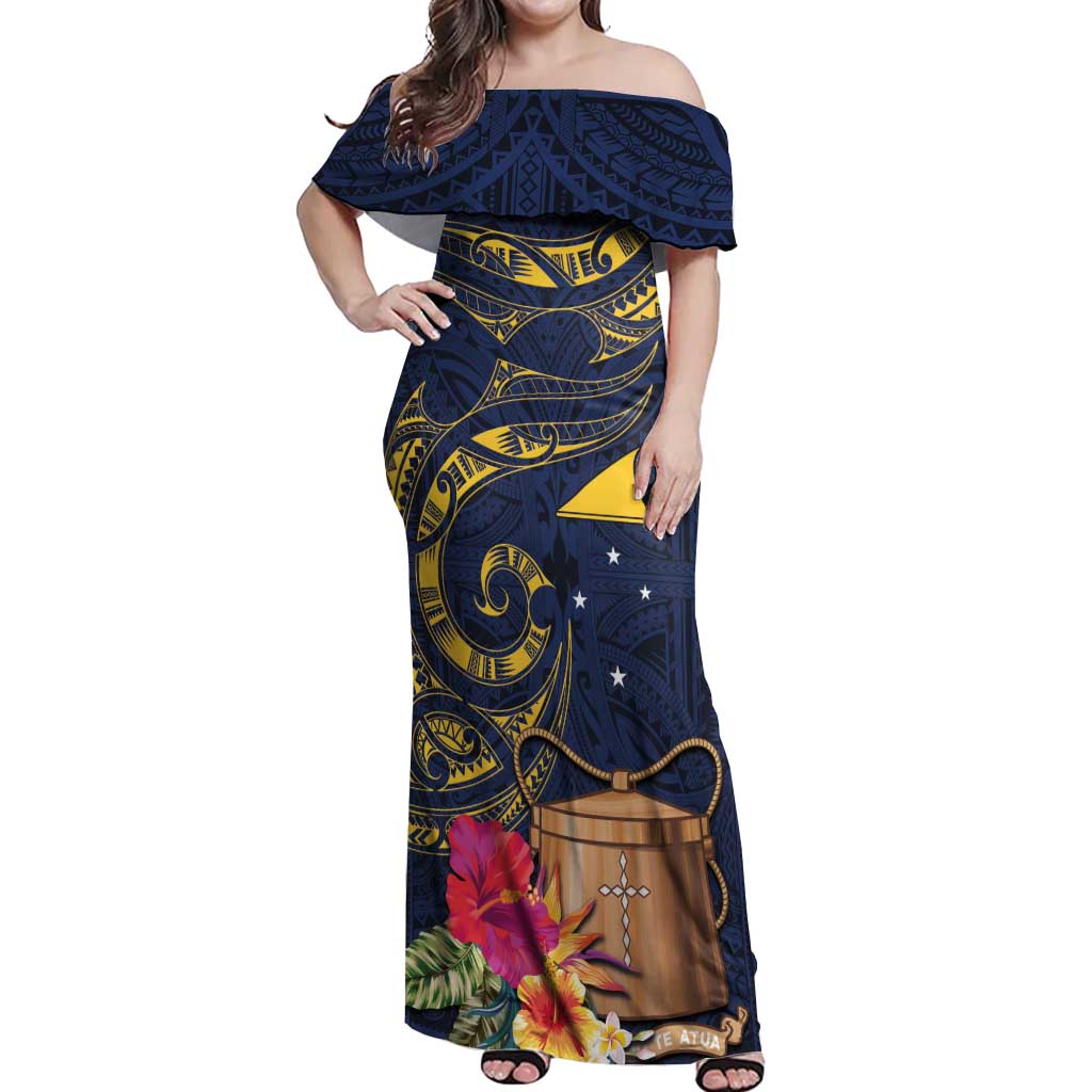 Tokelau Tokehega Day Off Shoulder Maxi Dress Coat of Arms with Polynesian Tattoo and Hibiscus LT03 Women Blue - Polynesian Pride