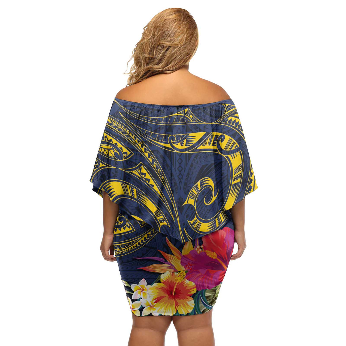 Tokelau Tokehega Day Off Shoulder Short Dress Coat of Arms with Polynesian Tattoo and Hibiscus LT03 - Polynesian Pride